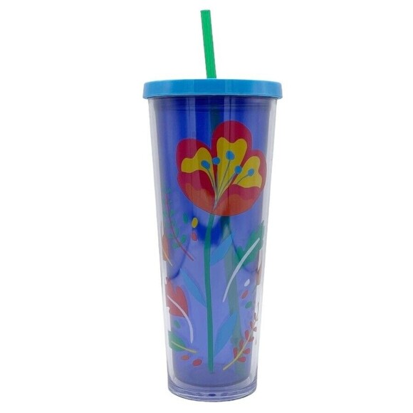 Starbucks Floral Poppy Flower Blue Venti Cold Cup Tumbler Acrylic 24oz W/ Straw - Picture 2 of 9